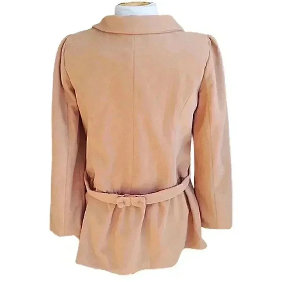 New Classic Style Camel Double Breasted Ruffled Belted Faux Wool Pea Coat - Picture 5 of 5